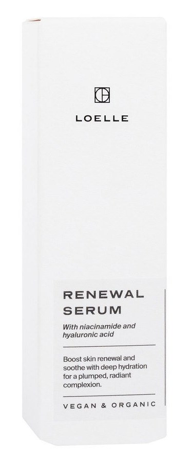 A white skincare box labeled 'LOELLE Renewal Serum' with details about ingredients and benefits.