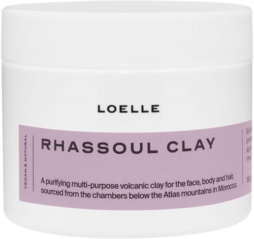 A white jar labeled Loelle Rhassoul Clay for face, body, and hair. Purple label with product details. Natural and vegan.