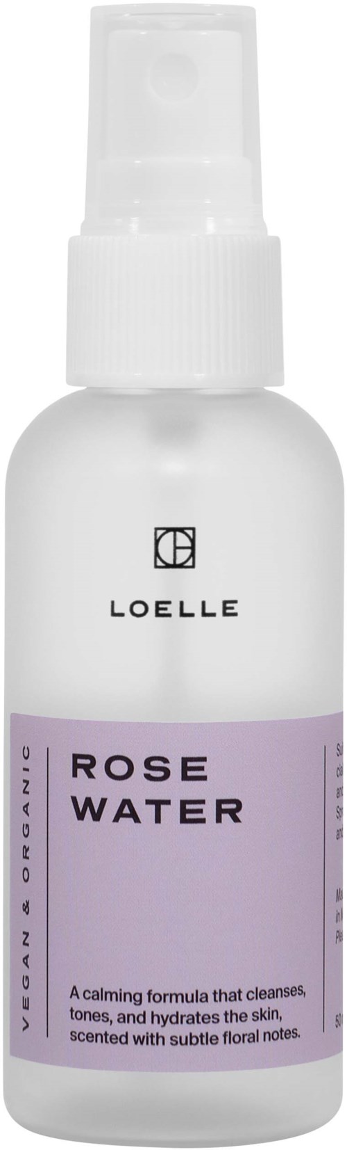 A white spray bottle labeled 'Loelle Rose Water' with a purple section, described as a skin toner and hydrator.
