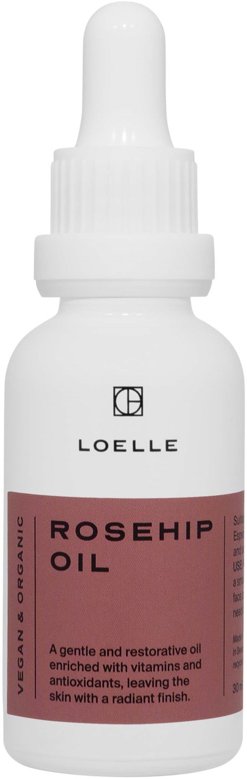 A white bottle with a dropper cap labeled 'Rosehip Oil' and description, indicating it's a skincare product.