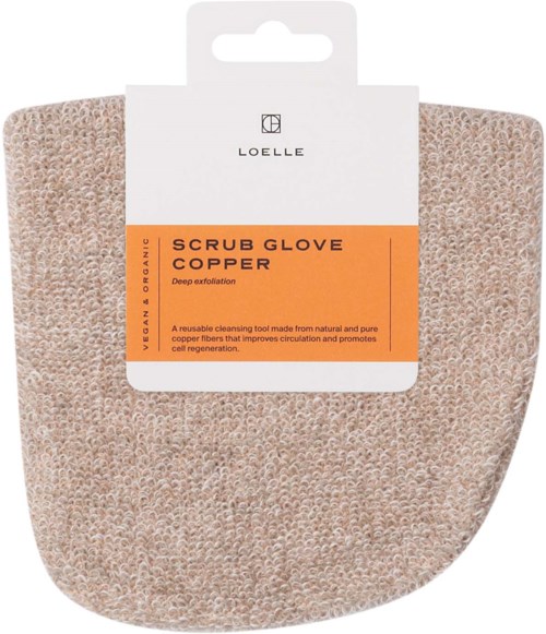 En kopperfarget skrubbhanske med en merkelapp som sier 'Scrub Glove Copper' fra LOELLE.