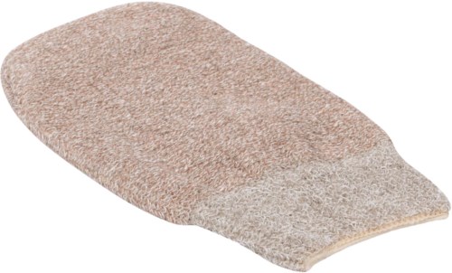 En rengjøringshanske, myk og beige, brukt til å vaske hender eller rengjøre overflater.