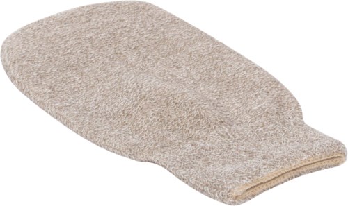 En beige rengjøringshanske laget av mykt stoff, brukt til vasking eller støvsuging. Den har en avrundet form.