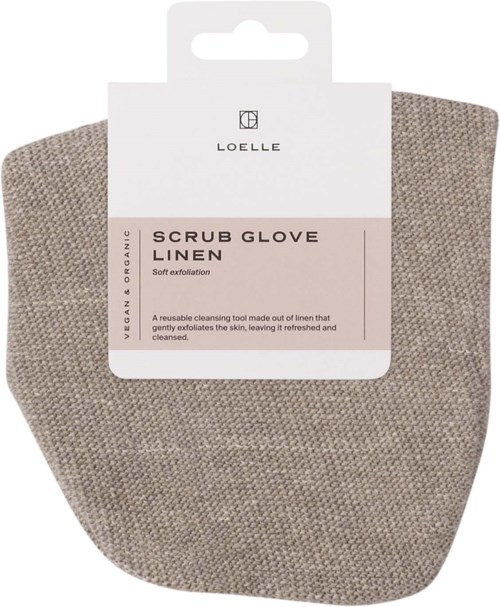 En beige lin-skrubbhanske med hvit og rosa etikett, liten størrelse, myk exfoliering, og vegansk, organisk.