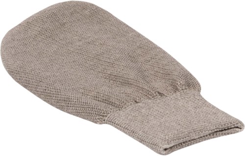 En beige grytebeskytter av stoff, formet for å passe hånden og beskytte mot varme.