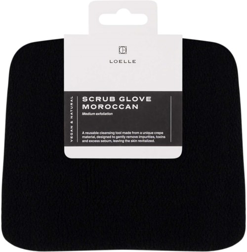 A black scrub glove inside white packaging from LOELLE, meant for cleansing and exfoliating the skin.