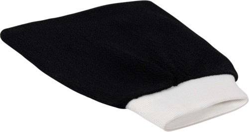 A black and white sock, mostly black with white at the cuff, rolled up flat.