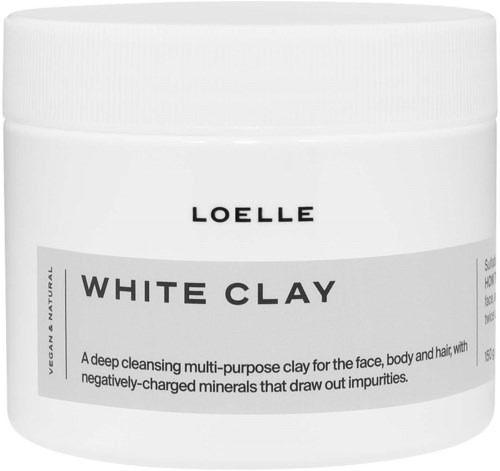 A white jar labeled 'LOELLE WHITE CLAY' with a description of multi-purpose face and body clay.