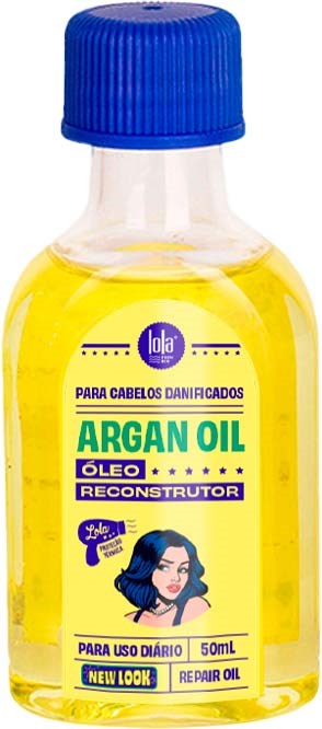 Small bottle of argan oil for hair, with blue cap and bright yellow liquid inside. Label has text and a woman's illustration.