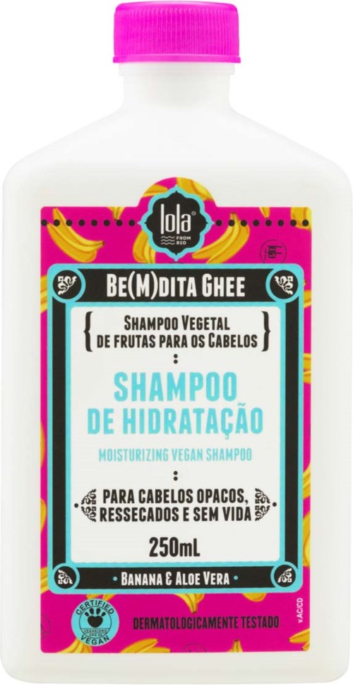A white bottle of moisturizing vegan shampoo for hair, with pink cap and colorful label mentioning banana and aloe vera.