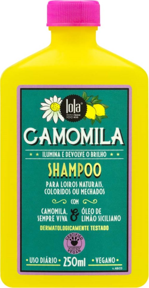 Keltainen shampoopullo pinkillä korkilla, etiketti sisältää kamomillaa ja sitruunaa, parantaa luonnollista kiiltoa, 250 ml, vegaani.