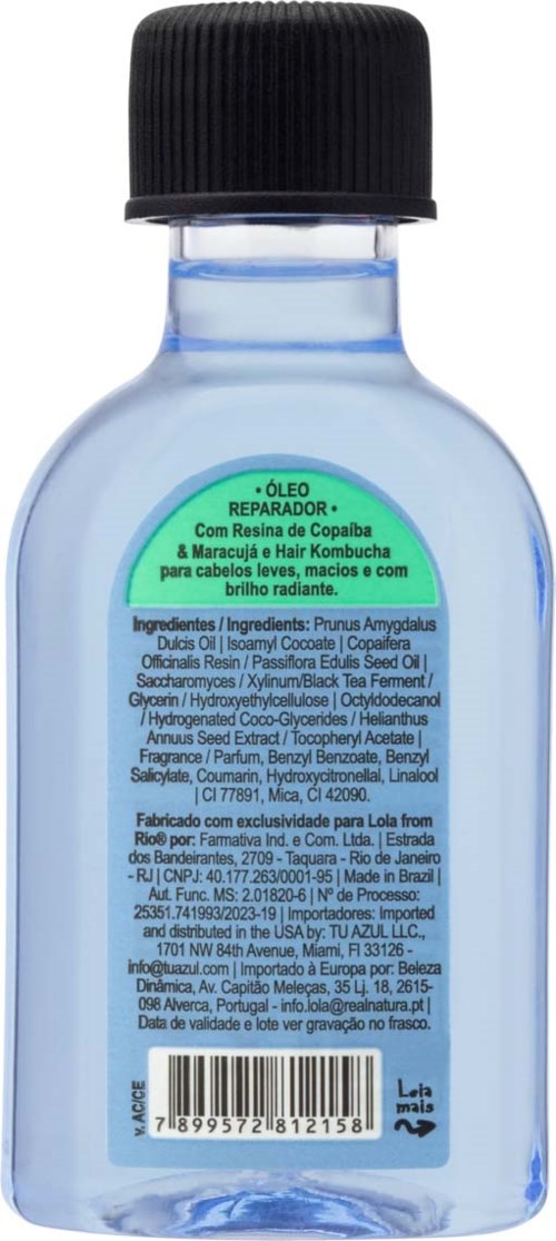 Blue liquid in a small bottle with a black cap, labeled with product info and ingredients.