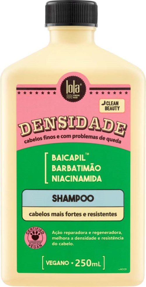 A shampoo bottle labeled 'Densidade' for fine hair with problems, containing ingredients like biotin and niacinamide, 250ml size.