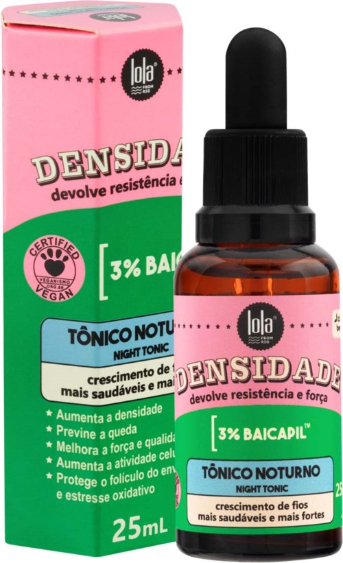 En liten flaska natt-tonic med pipett, bredvid en rosa och grön förpackning med produktinformation på portugisiska.