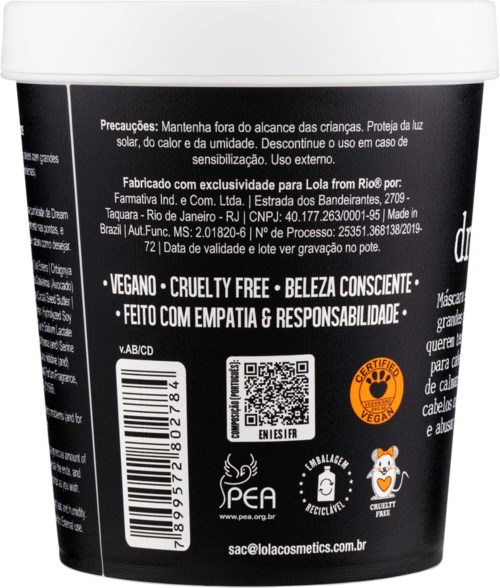 En svart og hvit beholder med tekst om cruelty-free og veganske kosmetikkprodukter, inkludert sikkerhetsadvarsler og produsentinformasjon.