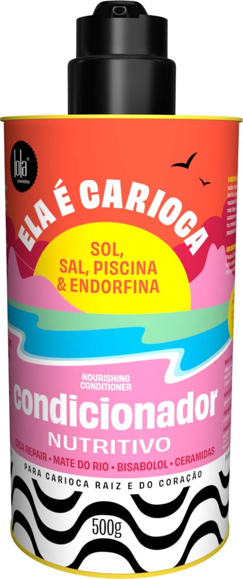 A bottle of nourishing conditioner for hair, with a red label, black cap, and colorful wavy design.