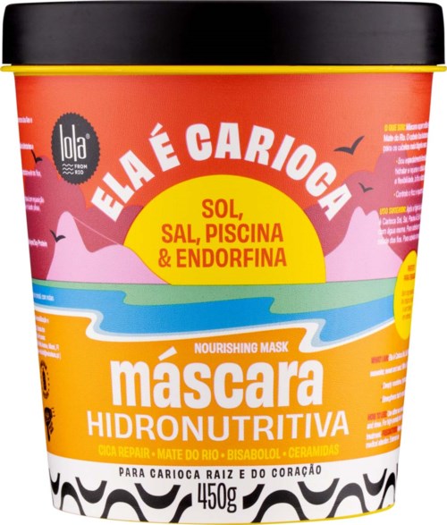 A brightly colored container with Portuguese text about nourishing face mask for skin and heart, featuring images of nature and a black lid.