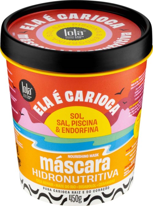 A colorful container of a nourishing hair mask with labels about the product and its ingredients.