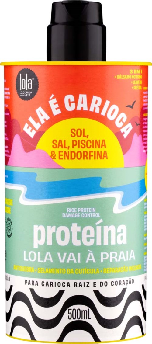 En flaske med fargerike etiketter som promoterer protein for hjertehelse, sol, salt, svømmebasseng og endorfiner.