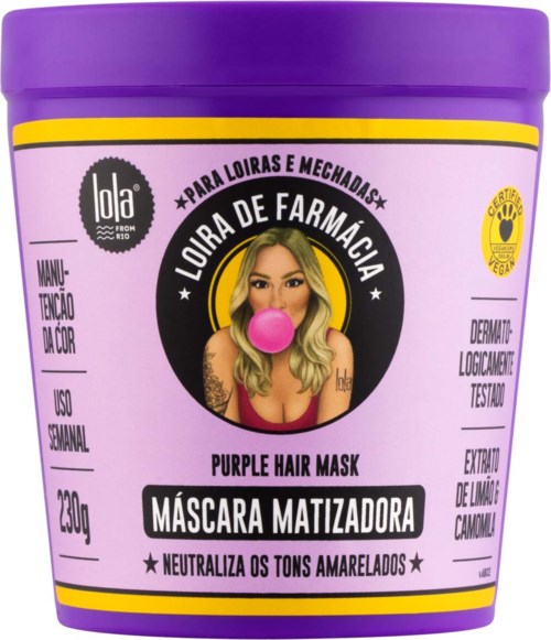 Purple hair mask for loir and curly hair, with a woman blowing a pink bubble gum on the label.
