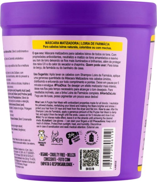 Purple container with yellow label, contains hair mask for blonde, natural, colored, and gray hair, with usage instructions.