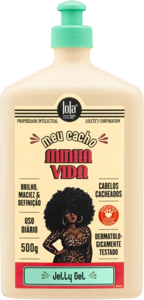 Bottle of hair gel with a woman illustration, mentioning curly hair, shine, and daily use. Contains 500g.