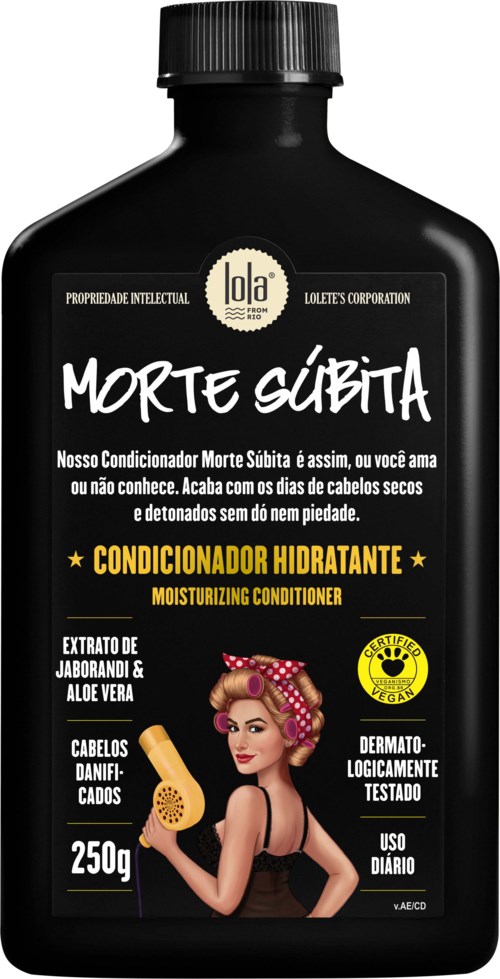 A black bottle labeled 'Morfe Súbita' with a woman illustration, hairbrush, and details about the moisturizing conditioner.