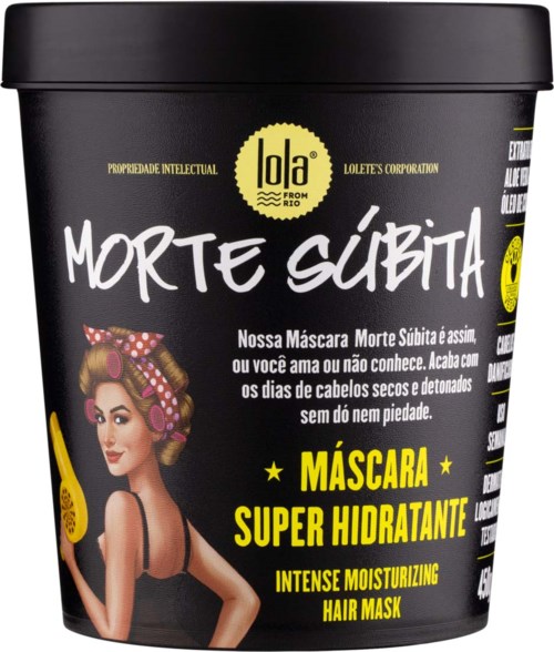 Black container with a woman illustration, yellow and white text advertising a moisturizing hair mask product.