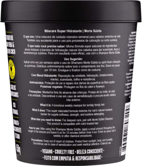 It is a black container of moisturizing shampoo with detailed instructions and benefits written in multiple languages.