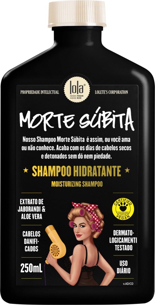 Black shampoo bottle with a cartoon woman, yellow and white text, and a small yellow logo at the bottom.