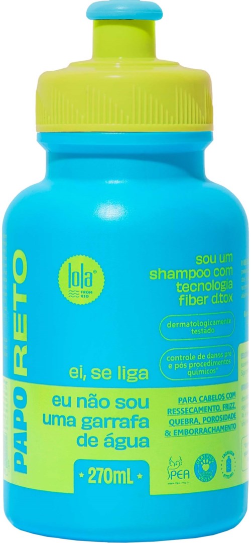 Sininen ja vihreä shampoo-pullo keltaisella ja sinisellä tekstillä, 270 ml.