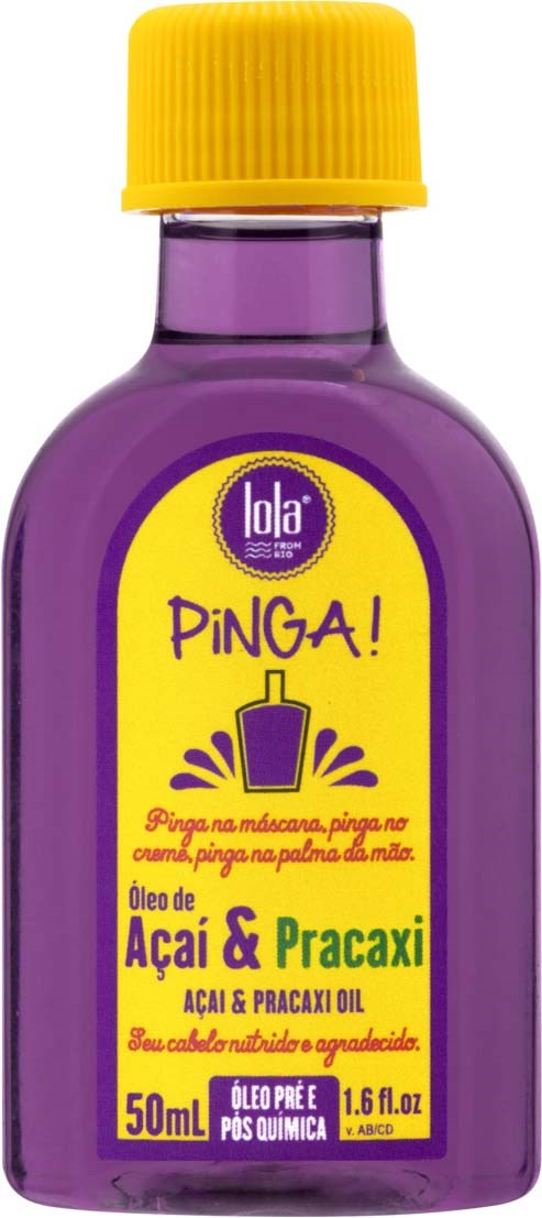 Pieni lilainen pullo keltaisella korkilla, etiketti sisältää acai- ja praxaciöljyjä iholle. Etiketissä käytetään violettia, keltaista ja vihreää.