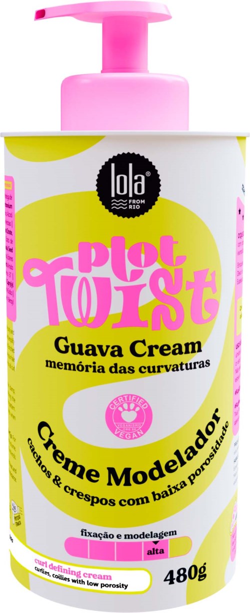 A pink pump bottle of Guava Cream modeling cream with yellow, white, and pink text and design elements.