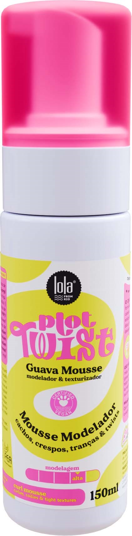 A bottle of guava-colored modeling mousse with pink cap and yellow label, designed for creating textured hairstyles.
