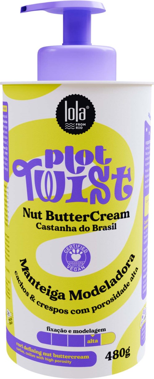 A bottle of Nut Butter Cream with purple pump, yellow and purple label, and mentions Brazil and model skin.