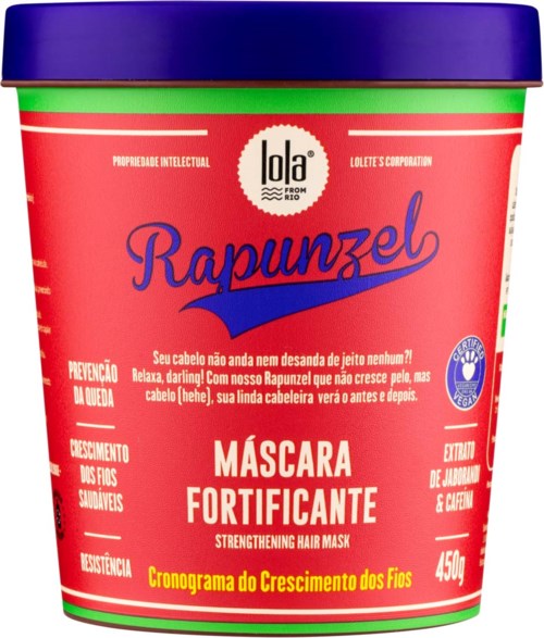 A hair mask container with red, green, and purple colors. It contains strengthening hair mask with a focus on hair growth.