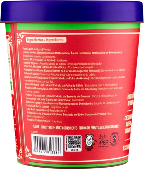 A red and green container with a purple lid, featuring ingredients, warnings, and certifications printed on it.