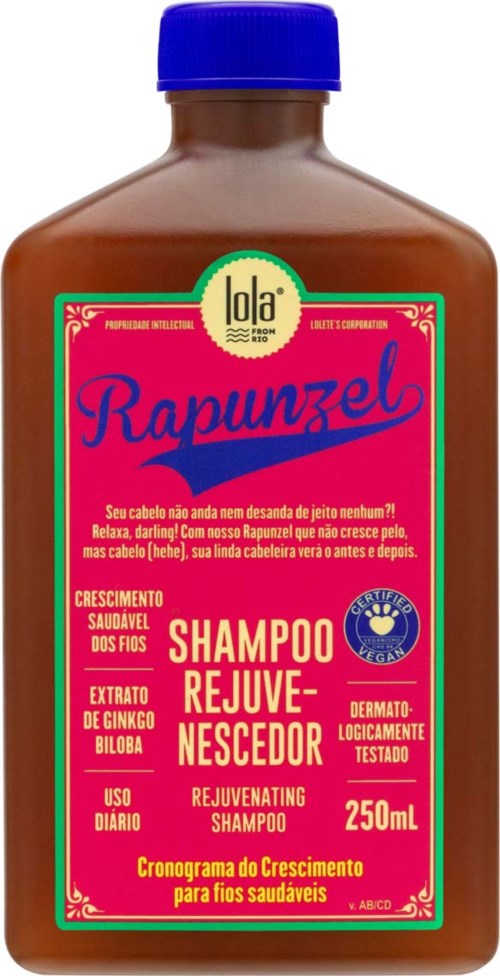 Ruskea shampoo-pullo sinisellä kannella, pinkki ja vihreä etiketti, ja teksti portugaliksi korostaen hiusten kasvua ja terveyttä.
