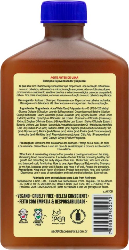 Ruskea shampoo-pullo, sininen korkki ja etiketti, jossa on tekstiä, symboleita ja ohjeita portugaliksi.