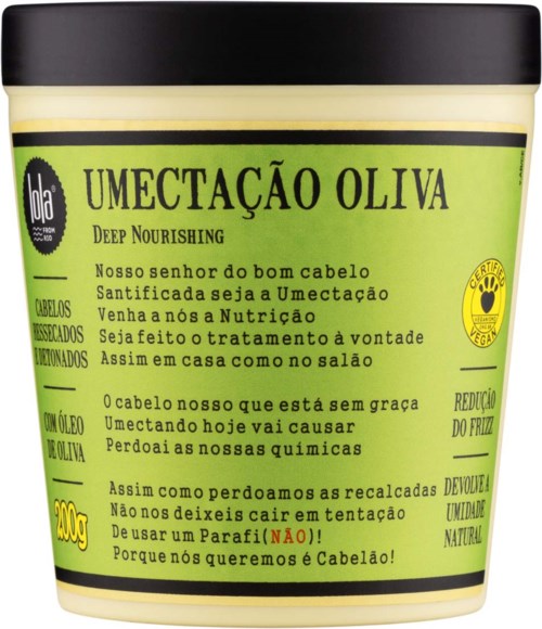 Green and yellow container for olive hair treatment with text about nourishing and avoiding chemicals.