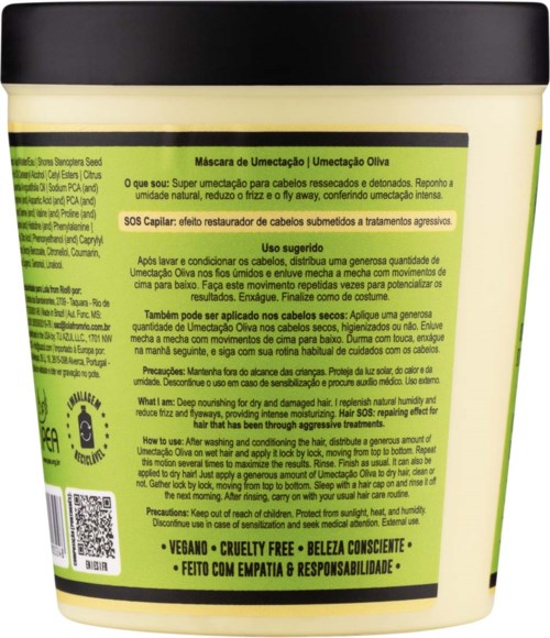 Green container with black lid, contains hair mask product named 'SOS Capilar' for damaged hair, with instructions and benefits listed.