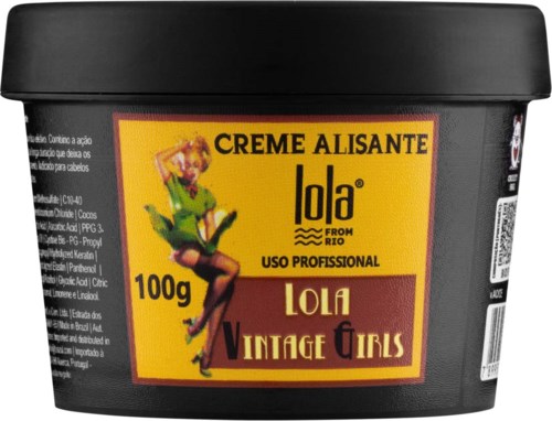 A black tub of hair styling cream with a colorful label featuring a girl dancing, labeled "Lola Vintage Girls."