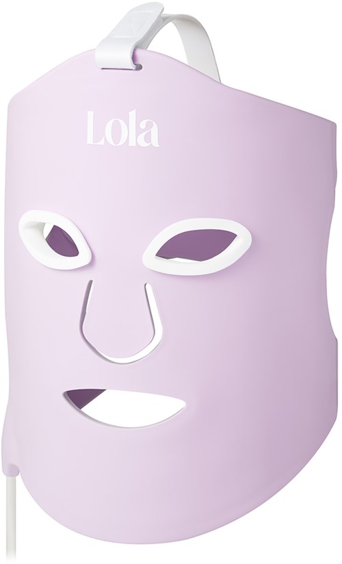 A purple face mask with the name Lola, holes for eyes, nose, and mouth, and a strap for wearing.