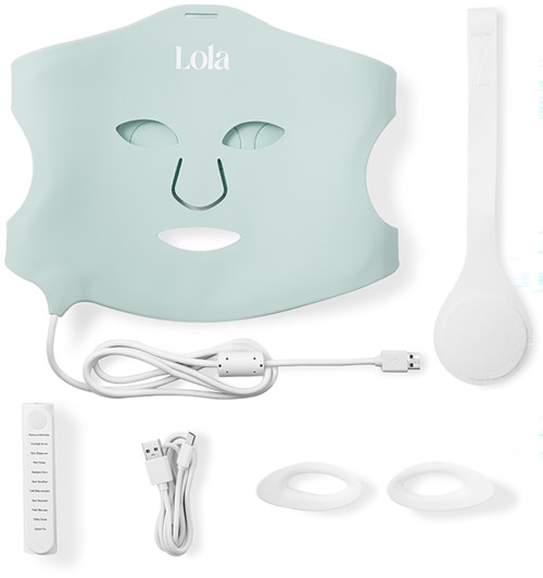 A face mask kit with a mask, rolling pin, remote, chargers, and two silicone rings.
