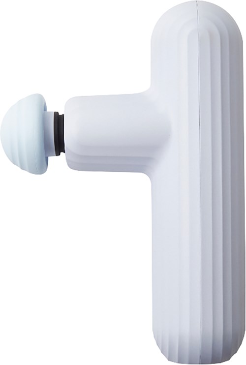 A white massage gun with a large cylindrical body and a small round attachment on the side.