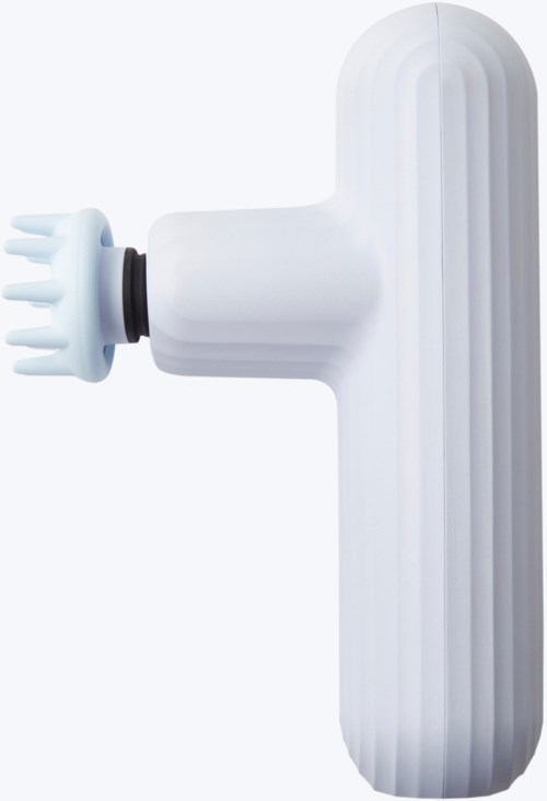 A white, vertical, ribbed device with a small nozzle at one end.