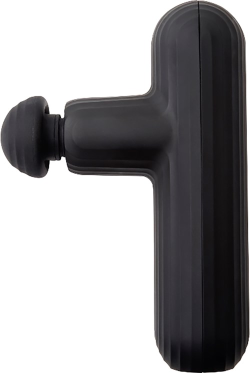 A black massage gun with a rounded head and a long, narrow body.
