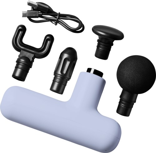 A massage gun with accessories like different heads, a charger, and a power cable.