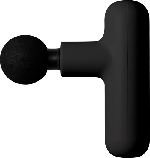 A black massage gun with a round head on a white background.