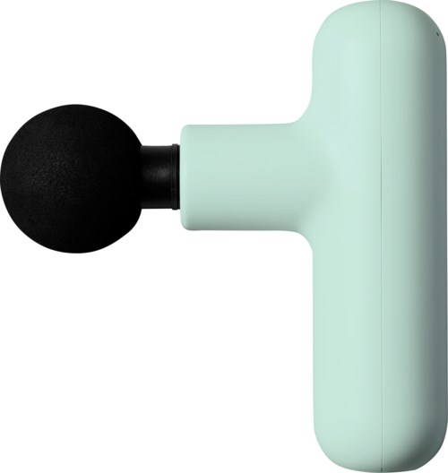A handheld massage device with a round black massage head and a light green handle.